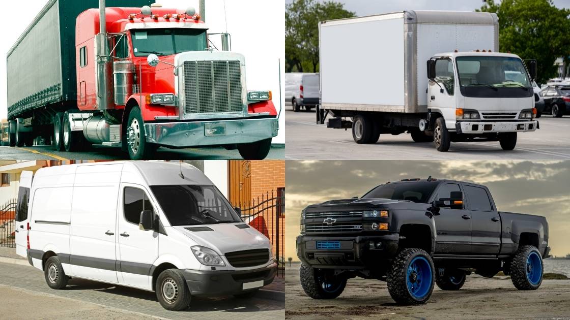 image of semi truck, box truck, cargo van and pickup truck