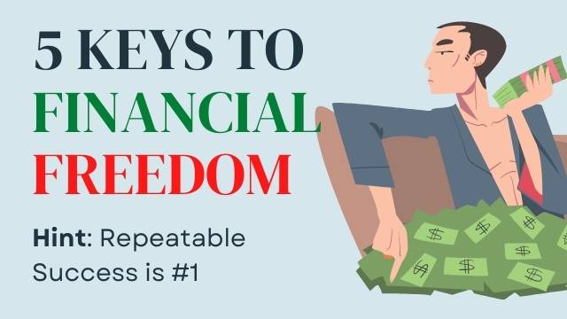 Graphic of 5 keys to financial freedom with cartoon image of man with money